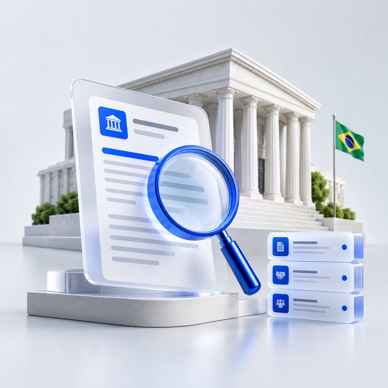 Prédio institucional, documento público e lupa, representando consulta a fontes públicas e PNCP