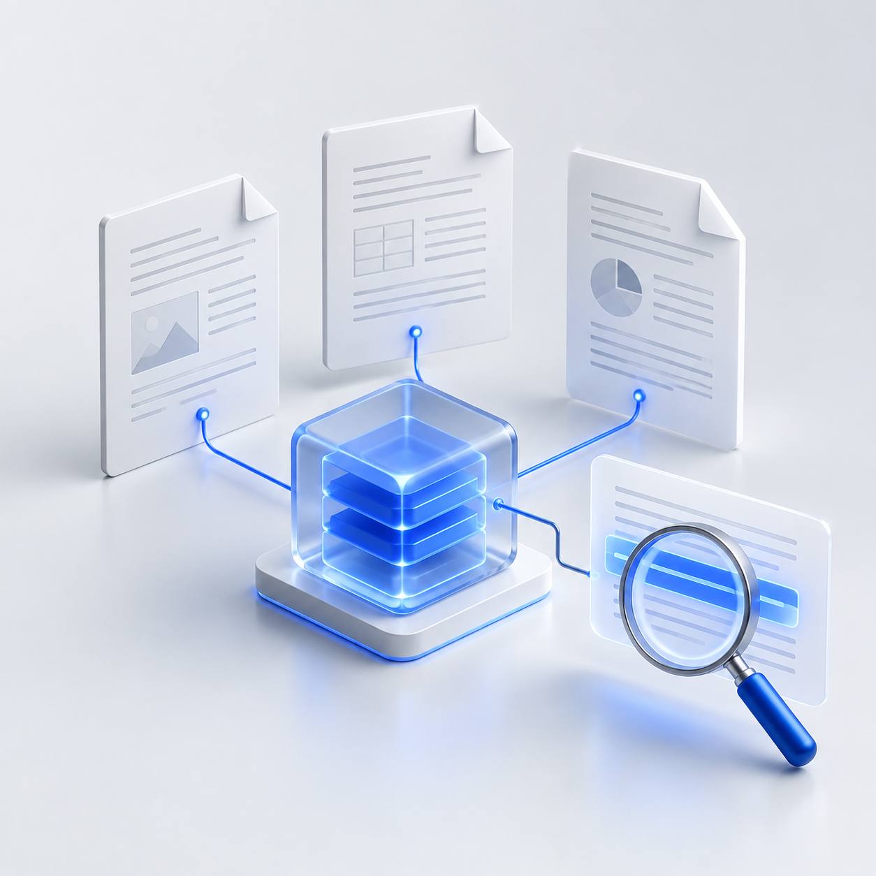 Documentos conectados a uma base consultável com lupa, representando RAG e busca semântica