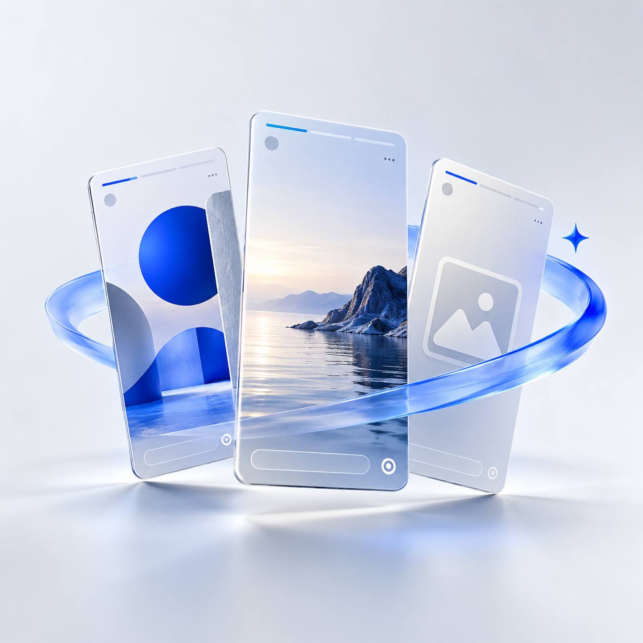 Cartões verticais de stories conectados por um anel azul, representando geração automática de peças sociais
