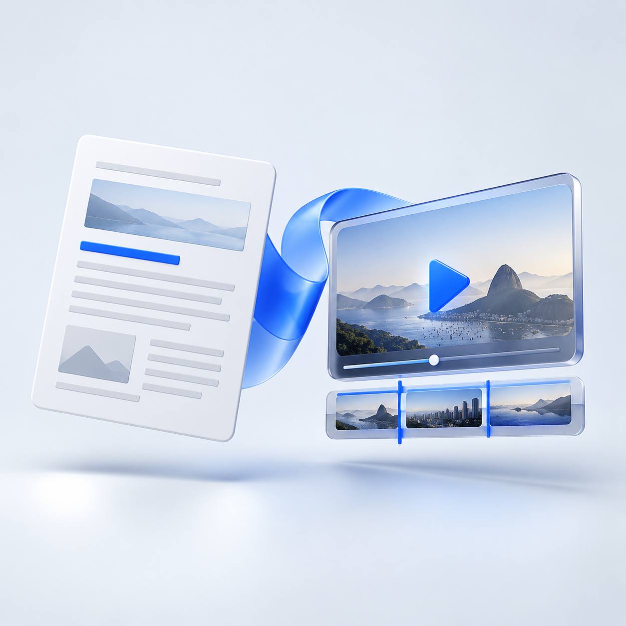 Documento e player de vídeo conectados, representando transformação de notícia em vídeo