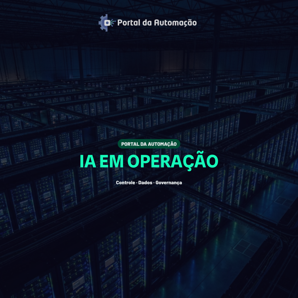 Capa editorial IA em operação com data center, dados, governança e automação empresarial
